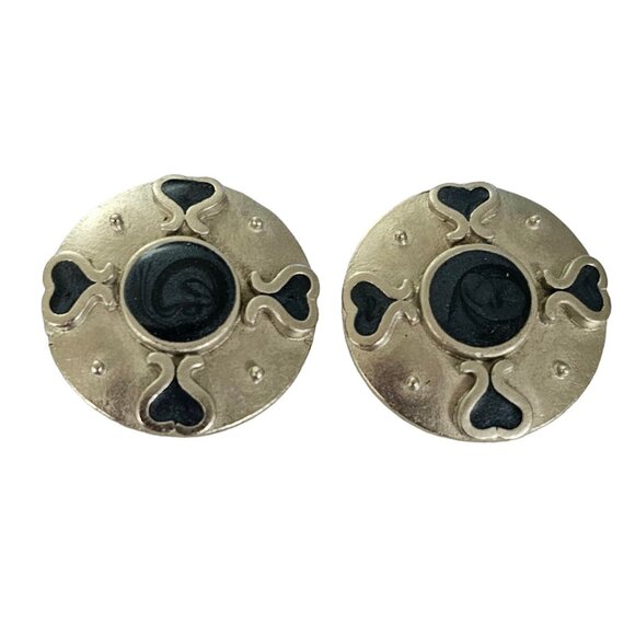 KK/ED Silver Tone Blue Enamel Hearts Modernist Round Clip Earrings, Signed L241 - Picture 2 of 11